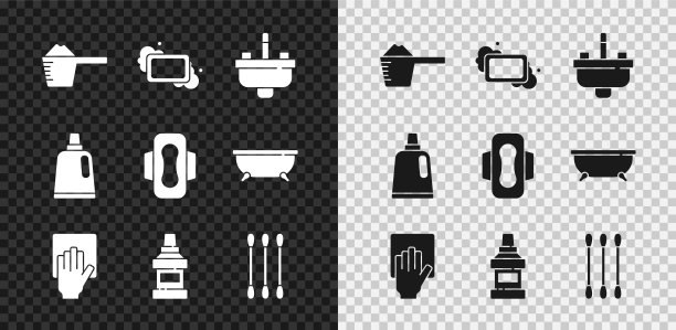 设置洗衣粉，肥皂块，水龙头脸盆，清洁服务，漱口瓶，棉签耳朵，瓶清洁剂和卫生巾图标。向量图片下载