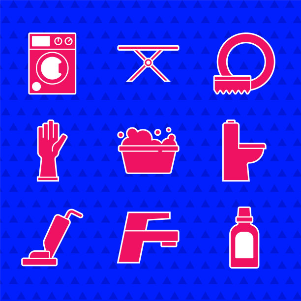 设置面盆肥皂泡沫，水龙头，清洁剂瓶，马桶，吸尘器，橡胶手套，洗碗和洗衣机图标。向量图片下载