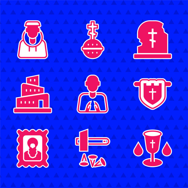 手放在祈祷的位置，耶稣基督受难，基督圣餐杯，基督十字架旗，圣像，巴别塔圣经故事，坟墓墓碑和和尚的圣像。向量图片下载