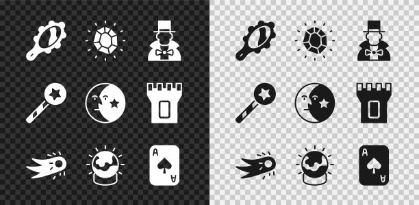 设置魔镜，石头，魔术师，火球，扑克牌，魔杖和月亮星星图标。向量图片下载