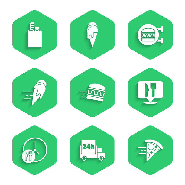 设置在线订购汉堡送货，快速汽车，比萨饼，咖啡馆和餐厅位置，24小时，冰淇淋，和图标。向量图片下载