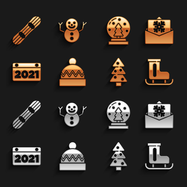 设置冬季帽子，圣诞明信片，花样滑冰，树，日历，雪球，滑雪板和雪人图标。向量图片下载