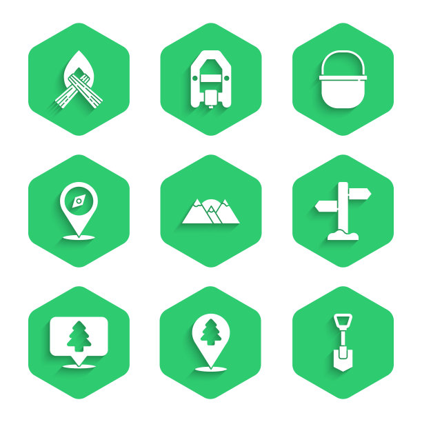 设置山脉，森林的位置，铲子，道路交通路标，指南针，野营壶和篝火图标。向量图片下载