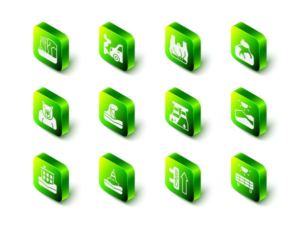 设置汽车尾气，塑料袋说不海报，森林砍伐，干旱，太阳能电池板，核电站，全球变暖和浮动浮标的海洋图标。向量图片下载