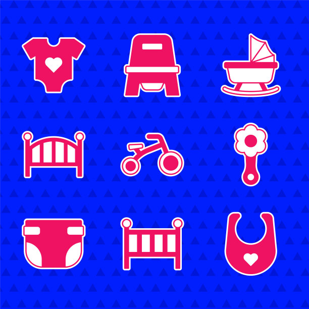 为孩子设置自行车，婴儿床摇篮床，围嘴，拨浪鼓婴儿玩具，尿布，婴儿车和衣服图标。向量图片下载