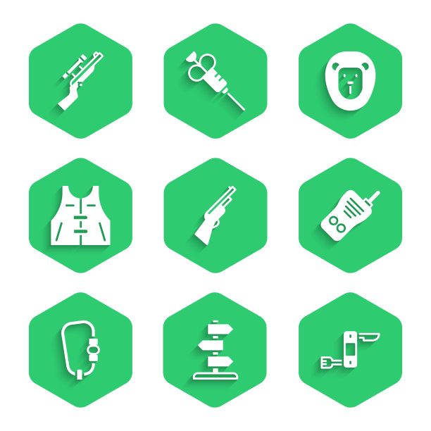 设置狩猎枪，道路交通标志，瑞士军刀，对讲机，卡宾枪，夹克，野生狮子和狙击步枪与范围图标。向量图片下载