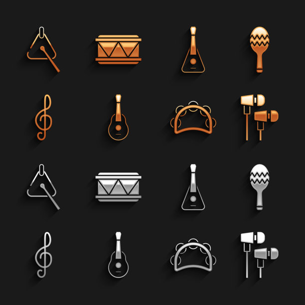 设置吉他，马拉卡斯，空气耳机，铃鼓，高音谱号，三角形和鼓图标。向量图片下载