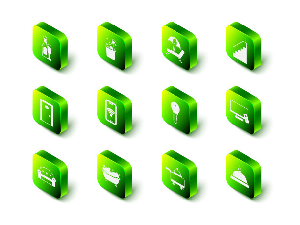 设置一瓶香槟，太阳床伞，楼梯，智能电视，覆盖托盘食物，酒店门锁钥匙，浴缸图标。向量图片下载