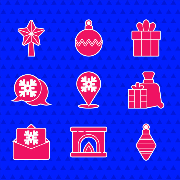 雪花，室内壁炉，圣诞球，圣诞老人包礼物，明信片，演讲气泡，礼盒和星星图标。向量图片下载