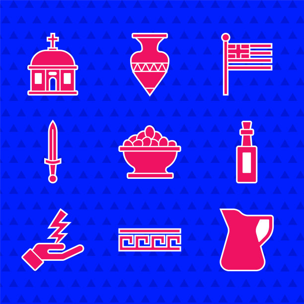 碗中橄榄，古希腊图案，橄榄油瓶，宙斯，中世纪剑，希腊国旗和圣托里尼建筑图标。向量图片下载