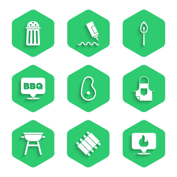 设置牛排肉，烤猪肉烤排骨，位置有火焰，厨房围裙，烧烤架，燃烧的火柴和盐图标。向量图片下载