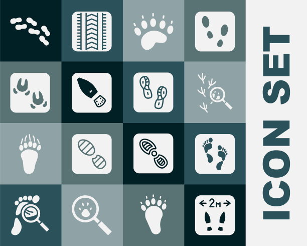 设置安全距离，人类足迹，鸟，熊掌，脚印鞋，野猪，图标。向量图片下载