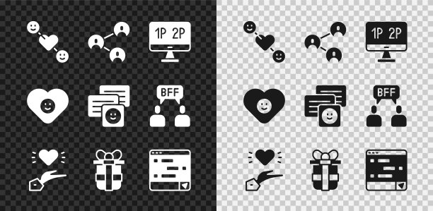 设置浪漫关系，永远的好朋友或最好的朋友，电脑显示器屏幕，愉快，礼品盒，聊天信息笔记本电脑，好和图标。向量图片下载