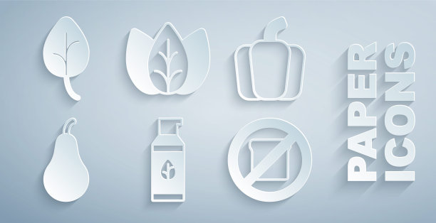 设置有机化妆品，甜椒，梨，无麸质谷物，叶子或叶子和图标。向量图片下载