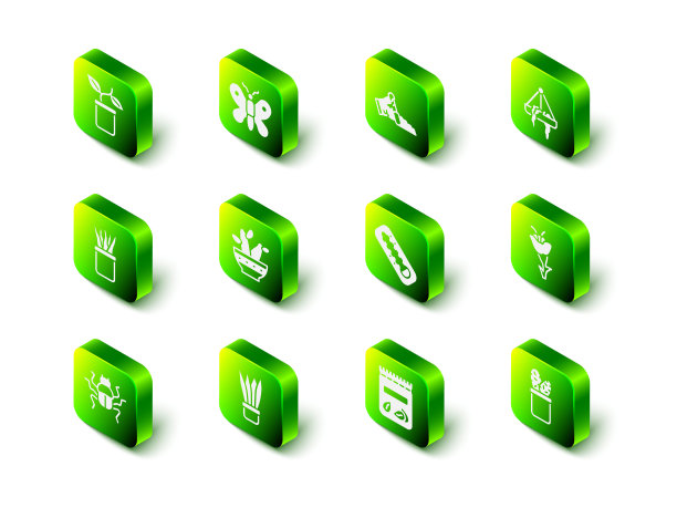 集蝴蝶，破碎的花盆，植物挂，花，仙人掌peyote，气象温度计，装满植物的种子和图标。向量图片下载