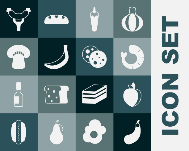 设置茄子，李子水果，虾，辣椒，香蕉，蘑菇，香肠在叉子和饼干与巧克力图标。向量图片下载