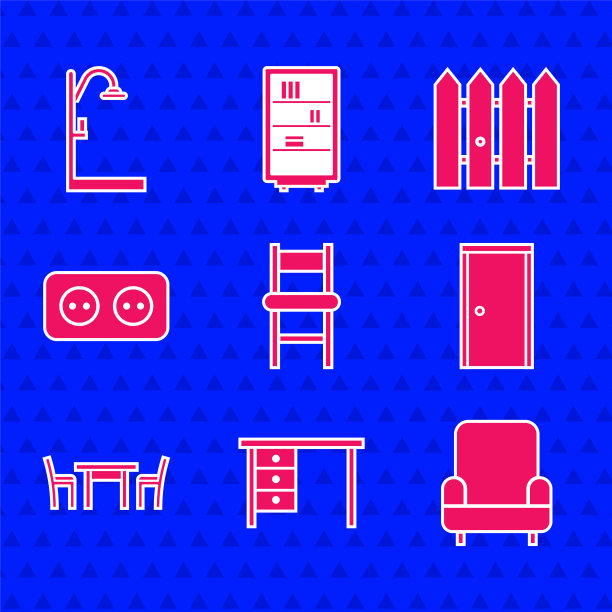 集合椅子，办公室书桌，扶手椅，封闭式门，木桌，插座，花园栅栏木制和淋浴图标。向量图片下载