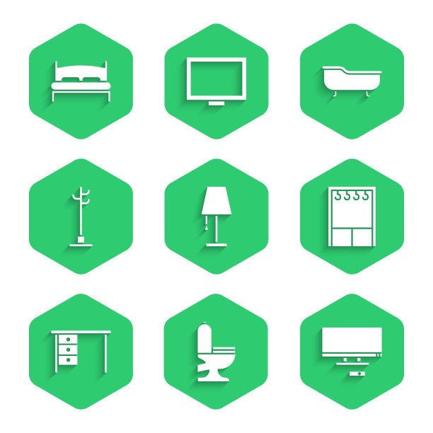 设置台灯，马桶，智能电视，衣柜，办公桌，衣帽架，浴缸和大床图标。向量图片下载