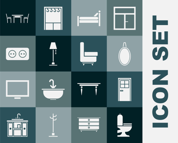 设置抽水马桶，闭门，镜子，床，落地灯，插座，木桌，椅子和扶手椅图标。向量图片下载