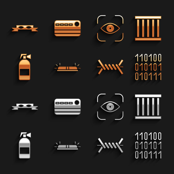 设置闪光警报器，监狱窗口，二进制代码，铁丝网，灭火器，眼睛扫描，小偷眼睛面具和信用卡图标。向量图片下载