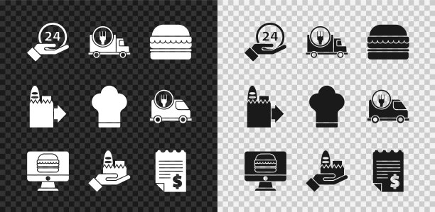设置时钟24小时，快速送货车，汉堡，网上订购和，纸财务支票，厨师帽子图标。向量图片下载