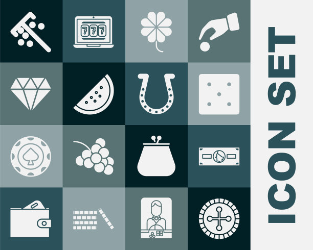 设置赌场轮盘赌轮，堆栈纸钱现金，游戏骰子，老虎机三叶草，西瓜，钻石，棍子为筹码和马蹄图标。向量图片下载