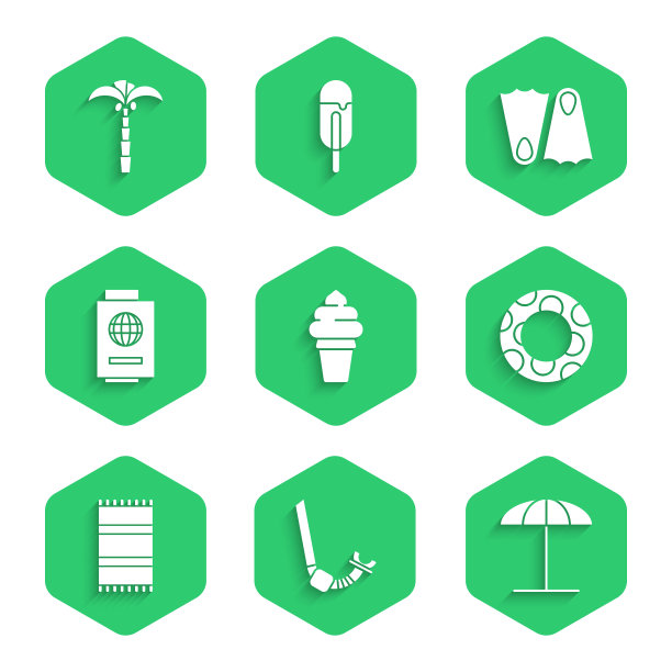 冰淇淋，浮潜，沙滩遮阳伞，橡胶游泳圈，沙滩浴巾，带门票的护照，脚蹼和热带棕榈树图标。向量图片下载