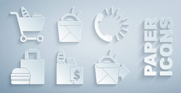 设置在线订购和送货，食品，汉堡，面条，亚洲筷子和购物车食品图标。向量图片下载