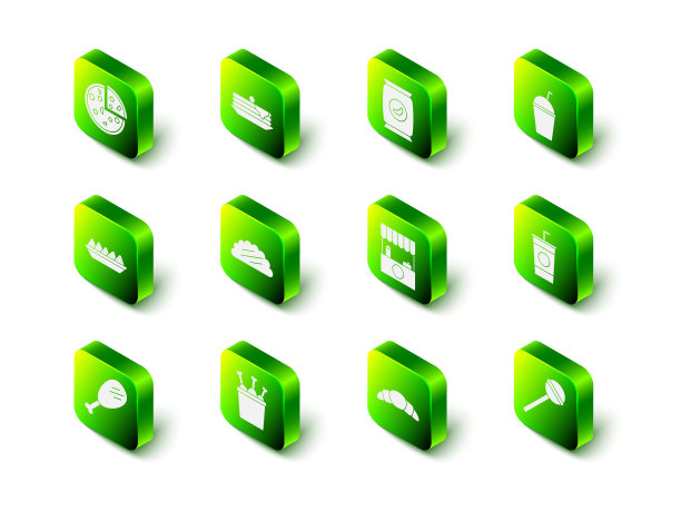 Set Stack of煎饼，Bag or packet薯片，奶昔，Paper glass with straw，棒棒糖，Street stall雨棚，Croissant and Chicken leg package box图标。向量图片下载