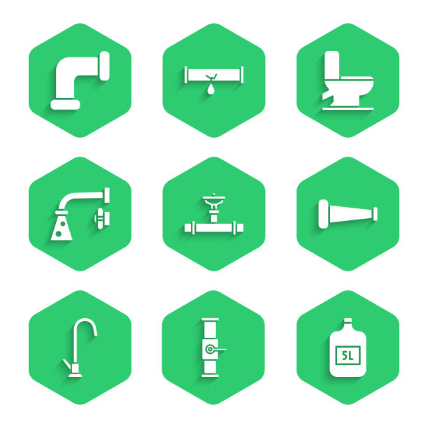 设置工业管道及阀门，大瓶带清水，金属，自来水龙头，抽水马桶及图标。向量图片下载