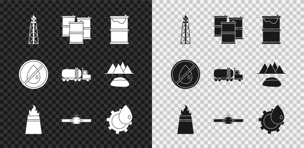 设置有火的石油钻井平台，桶油，泄漏，工业管道和阀门，工业厂房，无下降和油罐车图标。向量图片下载