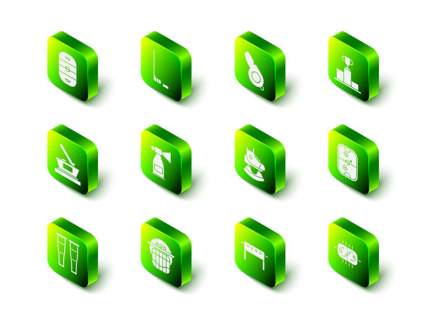 设置冰球棍和冰球，哨子，曲棍球运动冠军领奖台，空气表，溜冰鞋，和头盔图标。向量图片下载