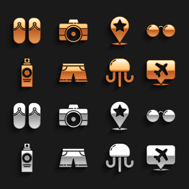 设置泳裤，眼镜，演讲气泡与飞机，水母，防晒喷雾瓶，地图指针星星，人字拖和照片相机图标。向量图片下载