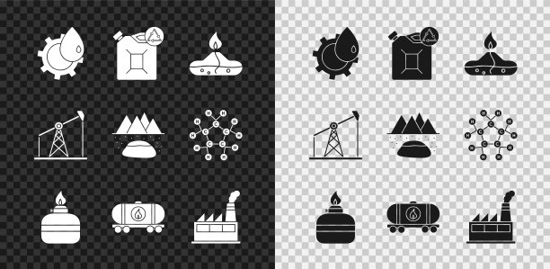集石油工业厂房、生态燃料箱、酒精燃烧器、铁路蓄水池、泵泵千斤顶和油田图标。向量图片下载