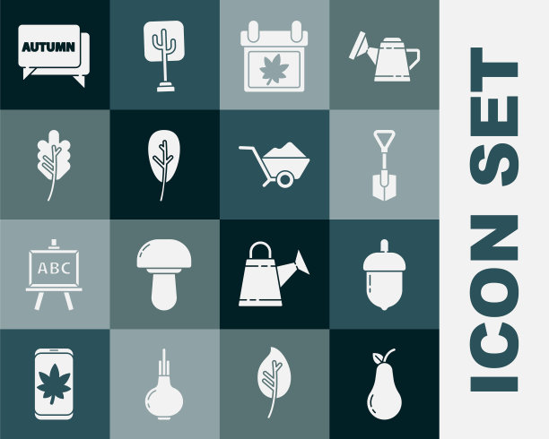 设置梨，橡果，铲子，日历与秋天的叶子，叶子，语音气泡文本和手推车污垢图标。向量图片下载
