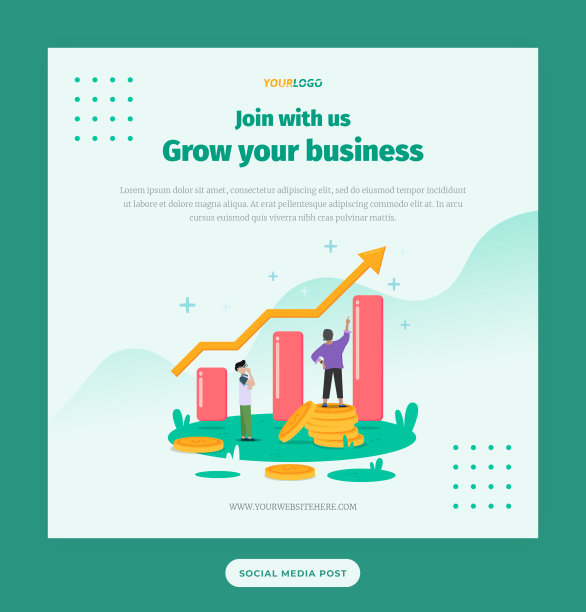 Social Media Post Template, growth Business with statistics illustration, character, coin dollar, for Business information graphic illustration Template等图片下载