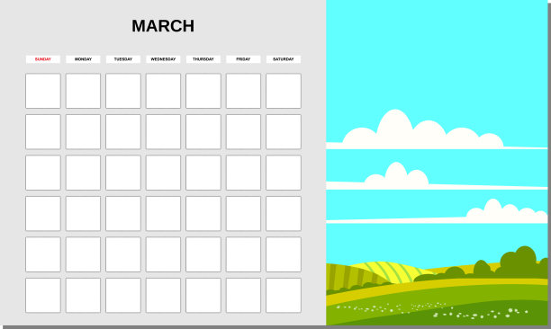 日历规划师三月。简约的景观自然背景春天。每月日记业务模板。向量孤立图片下载