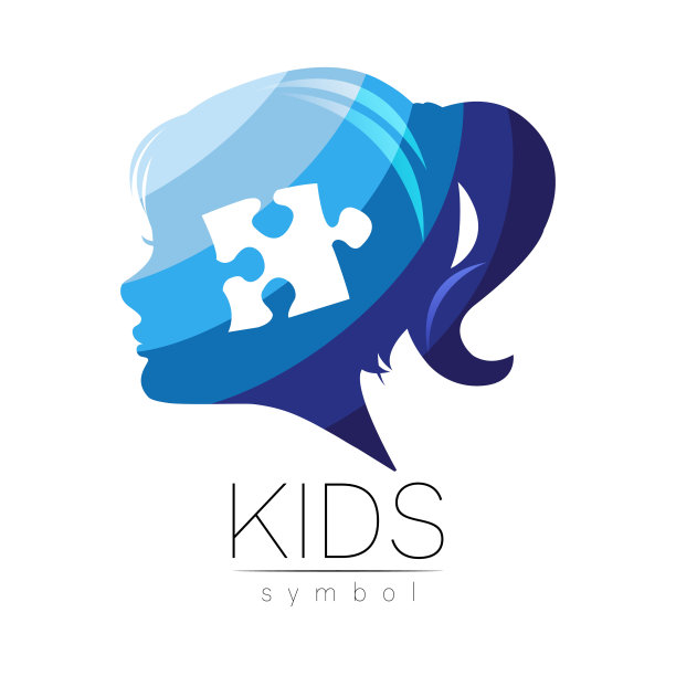 现代矢量标志女孩的头部与拼图大脑在蓝色。心理学的标志符号。人类。创造性的风格。符号向量。设计理念图片下载