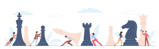 国际象棋的人。迷你男和迷你女都能推动大事业。一群上班族玩战术游戏。游戏玩家移动沉重的数字。向量团队合作战略和商业规划概念图片下载