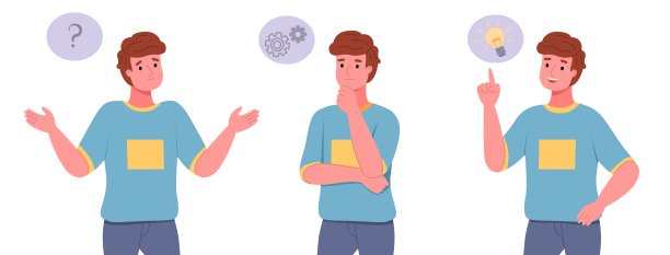 思考的人。困惑的深思熟虑的家伙，找到正确的解决办法的几个步骤，解决问题，集中思想的条件。人类的思想泡泡。矢量卡通孤立集图片下载