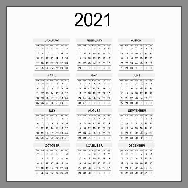 2021年日历计划。公司一周。模板布局，一年12个月，彩色背景。简单的设计商业手册，传单，印刷媒体，广告。星期一开始上课图片下载