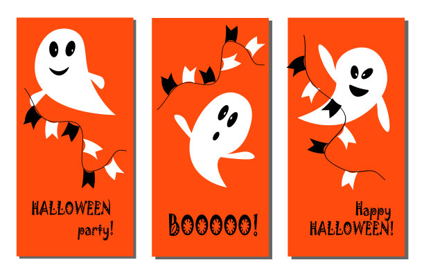 一套明信片模板与有趣的幽灵。万圣节快乐。矢量图图片下载