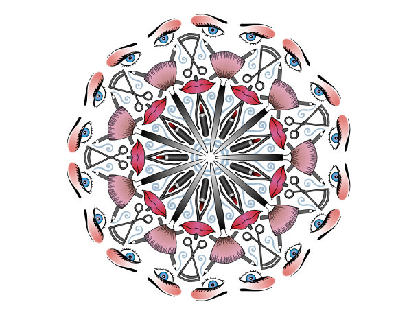 圆形插图的化妆对象和女人蓝色的眼睛。白色背景下的人的美容化妆品概念。图片下载