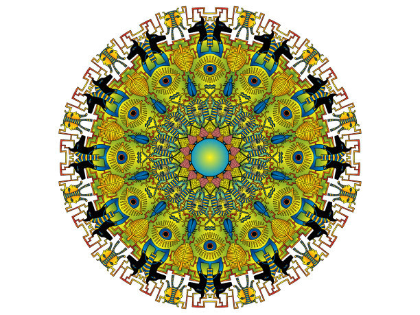 白色背景上的圆形埃及插画，包含法老、阿努比斯头像、拉之眼、金字塔和甲虫，适用于包装纸、装饰品、纹身和织物印花图片下载