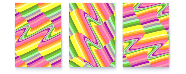一套抽象的海报。封面有迷幻的波浪图案。来自彩色线条的视觉错觉。向量3 d演示。图片下载