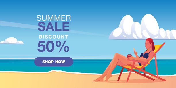 夏季大甩卖的横幅妇女坐在沙滩上的椅子上图片下载