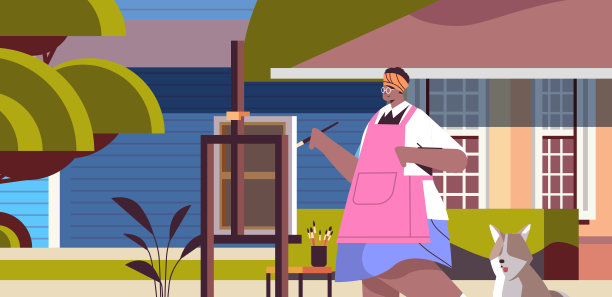 资深非裔美国女艺术家，在后院草坪上画狗画创意爱好概念图片下载