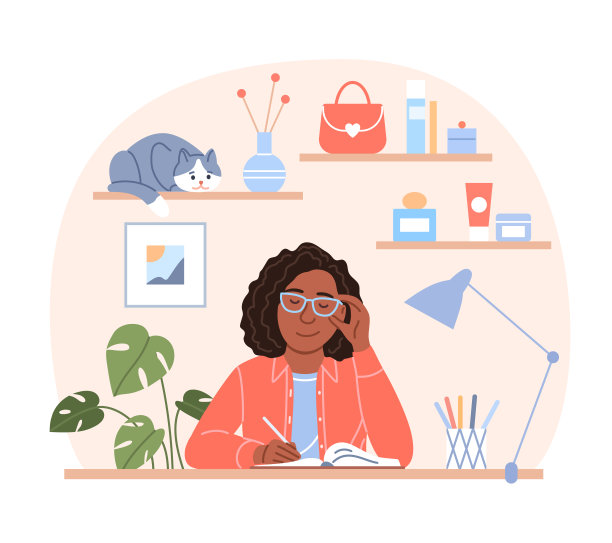 漂亮的黑人女子写日记的概念。年轻平坐的非洲女孩肖像与笔在组织者计划，在家里的背景上画有创意的页或日志。卡通矢量插图。图片下载