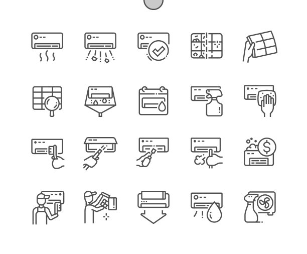 空调清洗。之前和之后。价格。洗涤剂。清洁服务。像素完美矢量细线图标。简单的最小的象形图图片下载