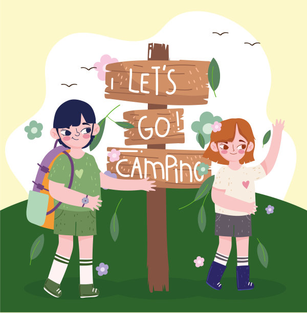 可爱的孩子露营路标图片下载